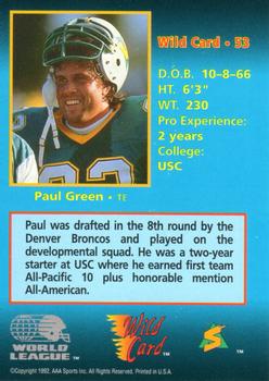 1992 Wild Card WLAF - 5 Stripe #53 Paul Green Back