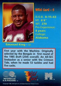 1992 Wild Card WLAF - 50 Stripe #5 Emanuel King Back