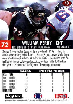 1993 SkyBox Impact #40 William Perry Back