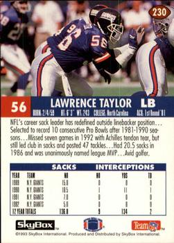 1993 SkyBox Impact #230 Lawrence Taylor Back