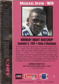 1993 Action Packed Monday Night Football #1 Michael Irvin Back
