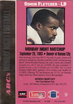 1993 Action Packed Monday Night Football #9 Simon Fletcher Back