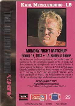 1993 Action Packed Monday Night Football #29 Karl Mecklenburg Back