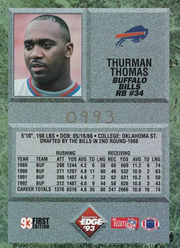 1993 Collector's Edge - Case Topper Jumbos #NNO Thurman Thomas Back