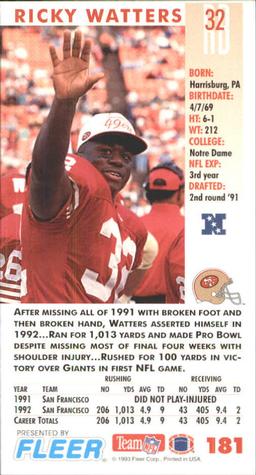 1993 GameDay #181 Ricky Watters Back