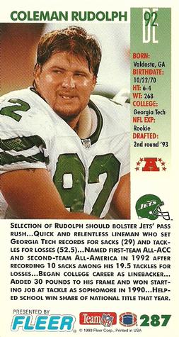 1993 GameDay #287 Coleman Rudolph Back
