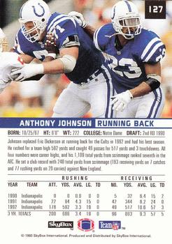 1993 SkyBox Premium #127 Anthony Johnson Back