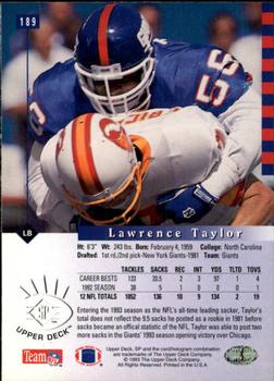 1993 SP #189 Lawrence Taylor Back