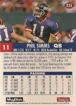 1993 SkyBox Impact - Color Foils #225 Phil Simms Back