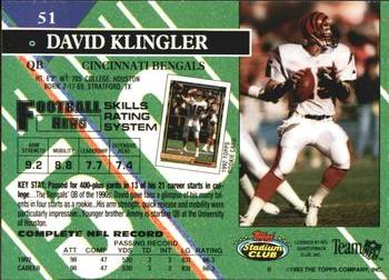 1993 Stadium Club #51 David Klingler Back