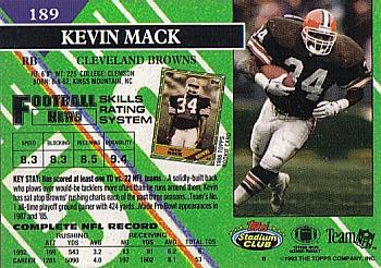 1993 Stadium Club - First Day Production/Issue #189 Kevin Mack Back