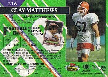 1993 Stadium Club - First Day Production/Issue #216 Clay Matthews Back