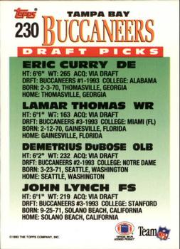 1993 Topps #230 Buccaneers Draft Picks (Eric Curry / Lamar Thomas / Demetrius DuBose / John Lynch) Back