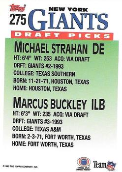 1993 Topps #275 Giants Draft Picks (Michael Strahan / Marcus Buckley) Back