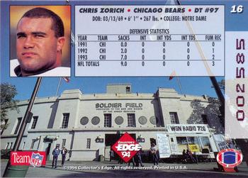 1994 Collector's Edge - 1st Day Gold #16 Chris Zorich Back