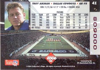 1994 Collector's Edge - 1st Day Gold #41 Troy Aikman Back