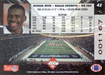 1994 Collector's Edge - 1st Day Gold #42 Michael Irvin Back