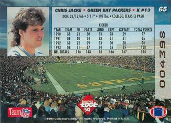 1994 Collector's Edge - 1st Day Gold #65 Chris Jacke Back