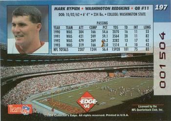 1994 Collector's Edge - 1st Day Gold #197 Mark Rypien Back