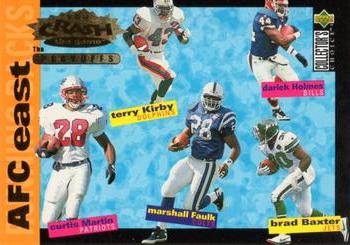 1995 Collector's Choice Update - You Crash the Game: The Playoffs Gold #CP7 Terry Kirby / Darick Holmes / Curtis Martin / Marshall Faulk / Brad Baxter Front