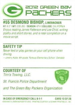 2012 Green Bay Packers Police - Tim's Towing, LLC., St. Francis Police Department #13 Desmond Bishop Back