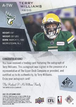 2021 SP Game Used CFL - Autographs #A-TW Terry Williams Back