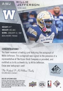 2021 SP Game Used CFL - Autographs #A-WJ Willie Jefferson Back