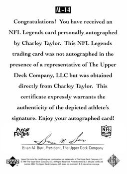 1997 Upper Deck Legends - Autographs #AL-14 Charley Taylor Back
