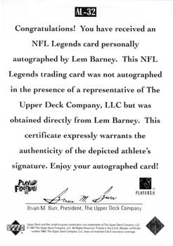 1997 Upper Deck Legends - Autographs #AL-32 Lem Barney Back