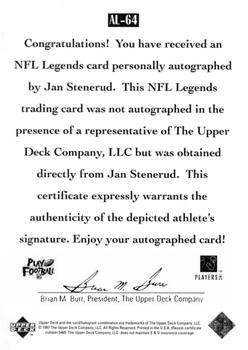 1997 Upper Deck Legends - Autographs #AL-64 Jan Stenerud Back