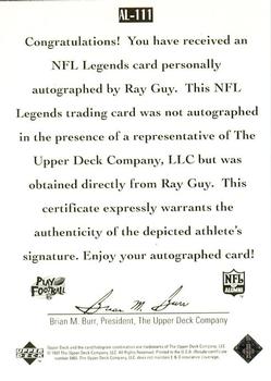 1997 Upper Deck Legends - Autographs #AL-111 Ray Guy Back