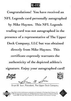 1997 Upper Deck Legends - Autographs #AL-115 Mike Haynes Back