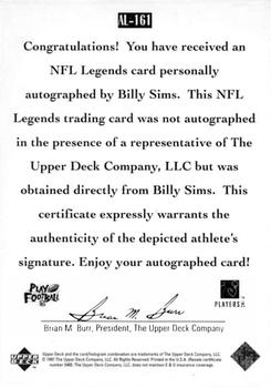 1997 Upper Deck Legends - Autographs #AL-161 Billy Sims Back