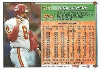 1994 Topps #314 Nick Lowery Back