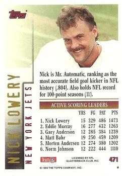 1994 Topps #471 Nick Lowery Back