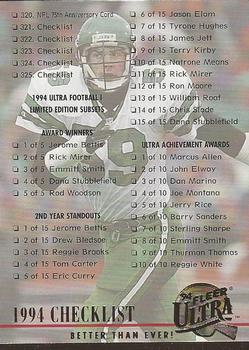1994 Ultra #325 Checklist: 320-325 and Inserts Front