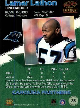 1998 Pacific Paramount - Platinum Blue #38 Lamar Lathon Back