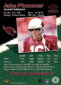 1998 Pacific Paramount - Red #4 Jake Plummer Back