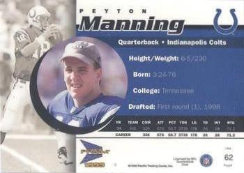 1999 Pacific Prism - Holographic Purple #62 Peyton Manning Back