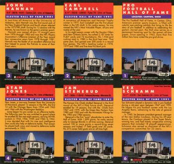 1991 Enor Pro Football HOF - Promo Sheet #1-6 Pro Football Hall of Fame / Earl Campbell / John Hannah / Stan Jones / Jan Stenerud / Tex Schramm Back