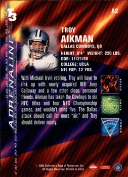 2000 Collector's Edge T3 - Adrenaline #A2 Troy Aikman Back