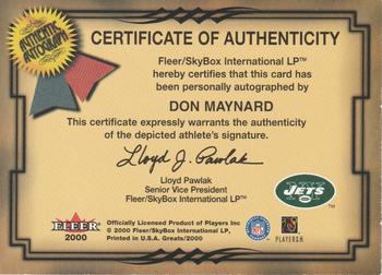 2000 Fleer Greats of the Game - Gold Border Autographs #NNO Don Maynard Back