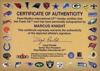 2000 Fleer Tradition - Autographics #NNO Marcus Knight Back