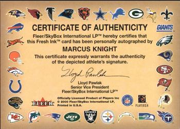 2000 Fleer Tradition - Autographics Silver #NNO Marcus Knight Back