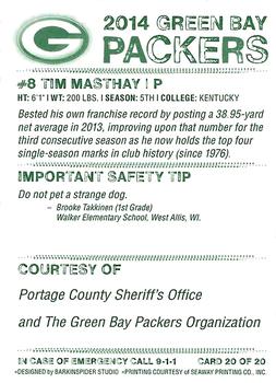 2014 Green Bay Packers Police - Portage County Sheriff’s Office #20 Tim Masthay Back