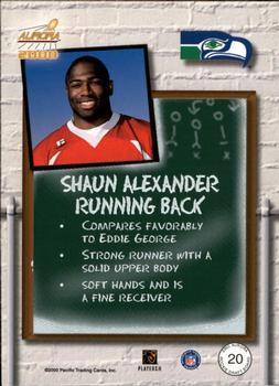 2000 Pacific Aurora - Rookie Draft Board #20 Shaun Alexander Back