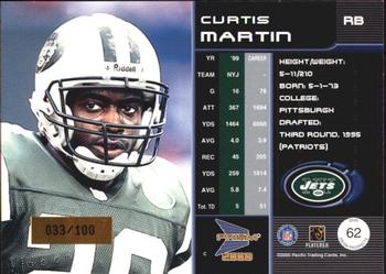 2000 Pacific Prism Prospects - Holographic Blue #62 Curtis Martin Back