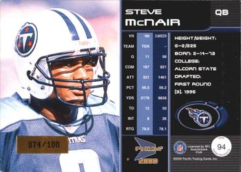 2000 Pacific Prism Prospects - Holographic Blue #94 Steve McNair Back