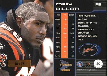 2000 Pacific Prism Prospects - Holographic Mirror #20 Corey Dillon Back