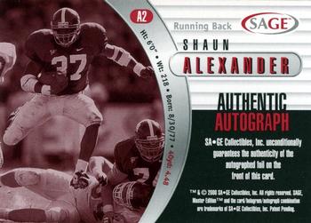 2000 SAGE - Autographs Gold #A2 Shaun Alexander Back